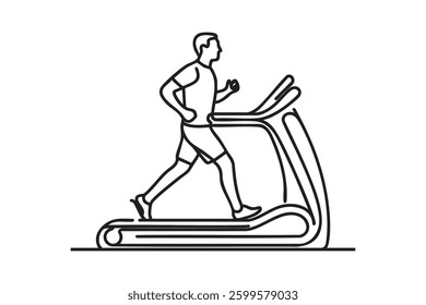 Line drawing of young athletic man training on treadmill. Vector illustration