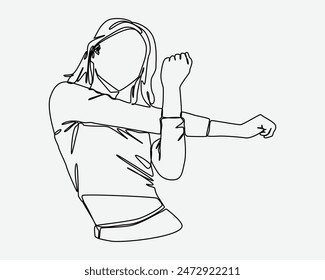 line drawing of young girl doing stretching. warmup, fitness, fit concept. isolated on white background. editable stroke. vector illustration.