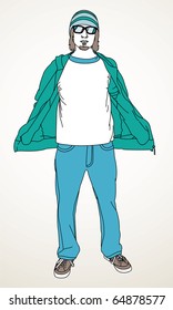 Desenho de linha do jovem com t-shirt em branco.