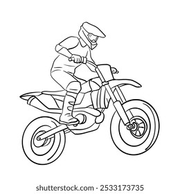 Dibujo de línea de un hombre joven montando un motocross y saltando sobre una hill.Ilustración vectorial aislada sobre fondo blanco.