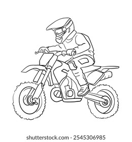 Line drawing of a young man riding a motocross and jumping over a hill.Vector illustration isolated on white background.