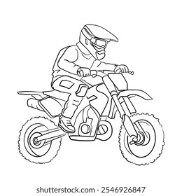 Line drawing of a young man riding a motocross and jumping over a hill.Vector illustration isolated on white background.