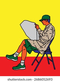 Line drawing of a young man sitting and reading a newspaper. Illustration graphic design.