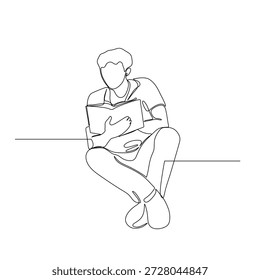 Dibujo de línea de un hombre joven sentado con las piernas cruzadas, profundamente centrado en la lectura de un libro Este arte minimalista de una línea es ideal para materiales educativos, blogs literarios y contenido de desarrollo juvenil