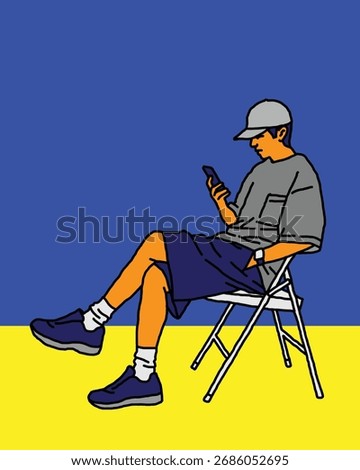 Line drawing of a young man sitting and looking at a mobile phone screen. Illustration graphic design.