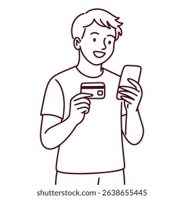 Line drawing of a young man smiling and paying with a credit card and phone. Represents mobile finance, digital commerce, or payment technology