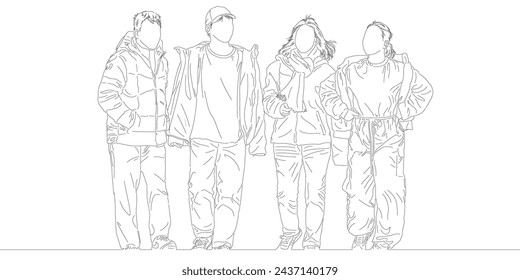 Line drawing of young men and women happily walking side by side