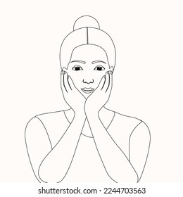 Line drawing of young pretty confounded looking woman resting her face in her hands. Sketching of bored and hopeful woman. Waiting woman dreaming and thinking outline Illustration