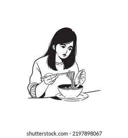 Line drawing young woman eating noodle  minimalism design and simplicity hand drawn 