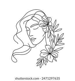 line drawing of young woman with long hair, flowers and leaves. vector illustration of a beautiful female profile. woman with flowers. Line art illustration. 