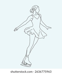 line drawing of young woman playing ice skating in the ice area 