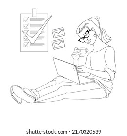 Line drawing young woman is sitting and holding a laptop. Vector.