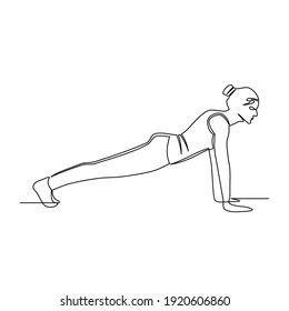 Line drawing of young woman training doing push ups in a fitness training gym. Templates for your designs. Vector illustration