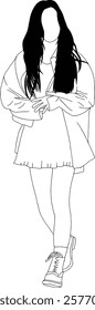 Line drawing of a young woman wearing casual attire with a flowing top, a skirt, and boots, showcasing a modern and stylish pose perfect for illustrating simple and fashionable design.