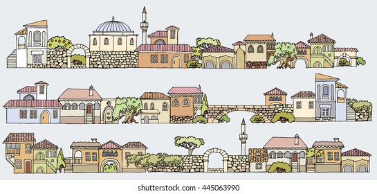 Line drawing.Cityscape elements vector set.Hand drawn isolated sketchy houses and trees.Doodle set of different in color and shape old buildings.Oriental architecture style.Panorama old street