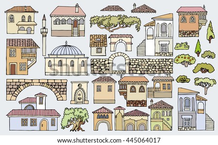 Line drawing.Cityscape elements vector set.Hand drawn isolated sketchy houses and trees.Doodle set of different in color and shape old buildings.Oriental architecture style