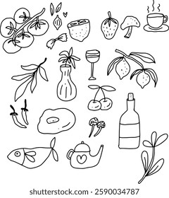Line drawings about food, fruit, and various equipment.