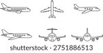 Line drawings of airplanes in multiple orientations including side, front, and top views, showcasing wings, engines, fuselage, and tail, aviation illustration for design and flight graphics
