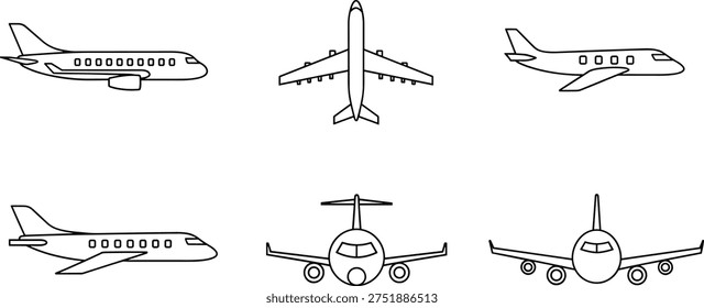 Line drawings of airplanes in multiple orientations including side, front, and top views, showcasing wings, engines, fuselage, and tail, aviation illustration for design and flight graphics