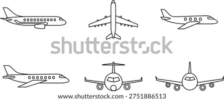 Line drawings of airplanes in multiple orientations including side, front, and top views, showcasing wings, engines, fuselage, and tail, aviation illustration for design and flight graphics