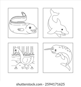 Line drawings, aquatic animals, coloring book
pages, eel, dolphin, duck, narwhal, simple
lustrations, black and white, children's book
style, cartoon characters, cule sea creatures,
outlined figures, 