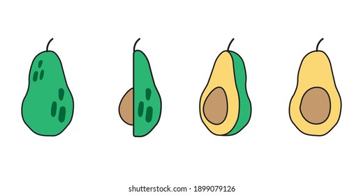 Line drawings of avocado, Avocado element, Vector illustrations isolated.