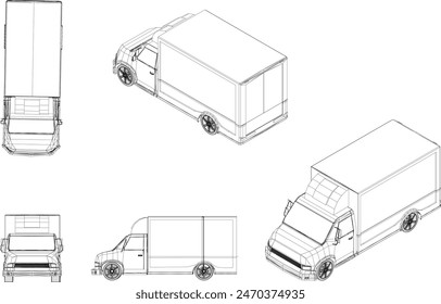 Line drawings of cars traveling in the city and various transportation vehicles from many angles.
