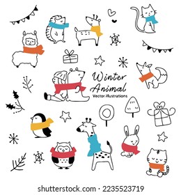 Line drawings of cute winter animals.