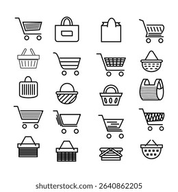 line drawings depicting various shopping carts, baskets, and bags, all in an outline style.