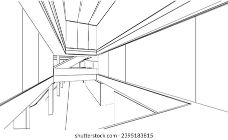 line drawings of halls of shopping mall buildings in abstract style,3d rendering