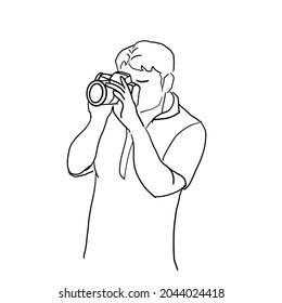 Line drawings, male photographers taking pictures.Isolated vector illustration on a white background.