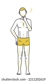 Line drawings of men suffering from thick body hair, tilting his head in a questioning pose