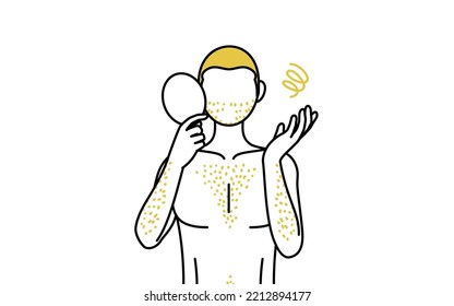 Line drawings of men suffering from thick body hair, pose depressed looking in the mirror