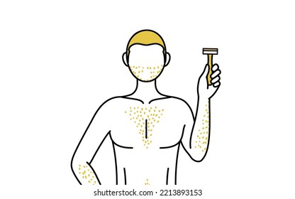 Line drawings of men suffering from thick body hair, holding a razor blade