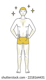 Line drawings of men suffering from thick body hair, hands on hips and chest out