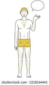 Line drawings of men suffering from thick body hair, speaking pose with palms facing each other