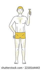 Line drawings of men suffering from thick body hair, holding a razor blade