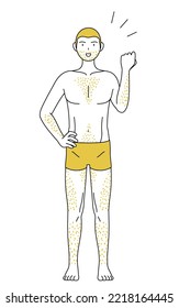 Line drawings of men suffering from thick body hair, fist raised in an encouraging pose
