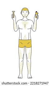 Dibujos en línea de hombres con pelo grueso, con una cuchilla de afeitar y una crema para depilación