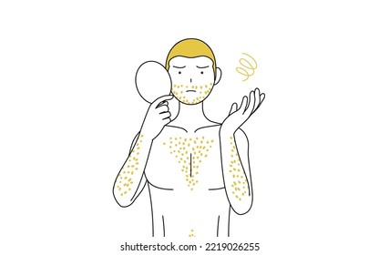 Line drawings of men suffering from thick body hair, pose depressed looking in the mirror