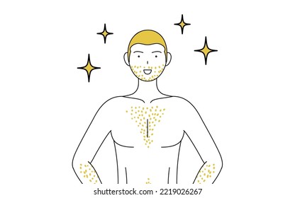 Line drawings of men suffering from thick body hair, hands on hips and chest out
