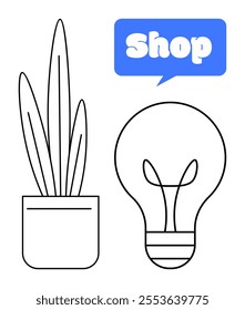 Line drawings of a potted plant and a light bulb with a speech bubble containing the word Shop, in white text on a blue background Ideal for commercial use retail advertising online stores home decor