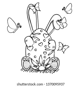 Line drawings of a rabbit and butterflies on Easter Day