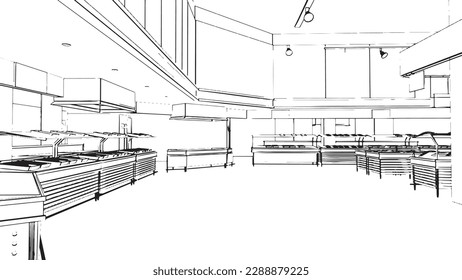 Line drawings of supermarkets selling various food items.,3d rendering