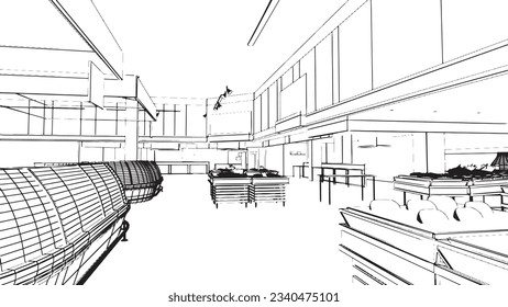 Line drawings of supermarkets selling various food items.,3d rendering