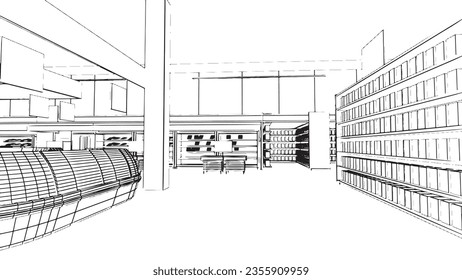 Line drawings of supermarkets selling various food items.,3d rendering