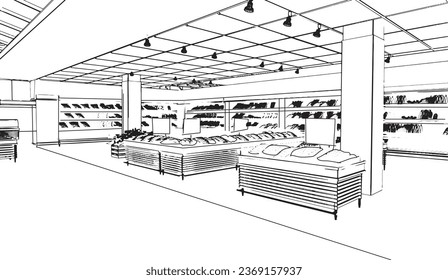 Line drawings of supermarkets selling various food items.,3d rendering