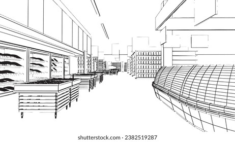 Line drawings of supermarkets selling various food items.,3d rendering