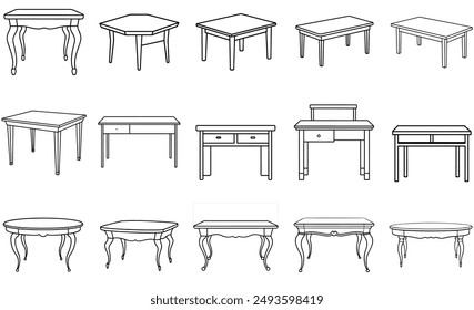 Line drawings, tables for working and eating, various styles