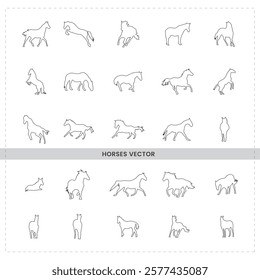 Line drawings various horse poses sketchy style, continuous line art illustrations, black and white, simple shapes, horse  stylized horse shapes, single line drawings, geometric horse forms.